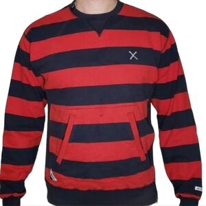 10 Deep Red Blue Striped Crewneck Sweatshirt Mesh Lining Kangaroo Pocket Men's L